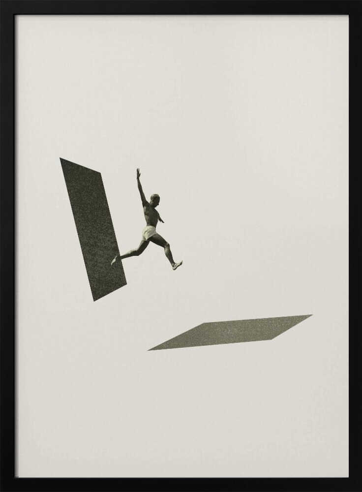 Vintage black and white collage of a person leaping between two geometric shapes.