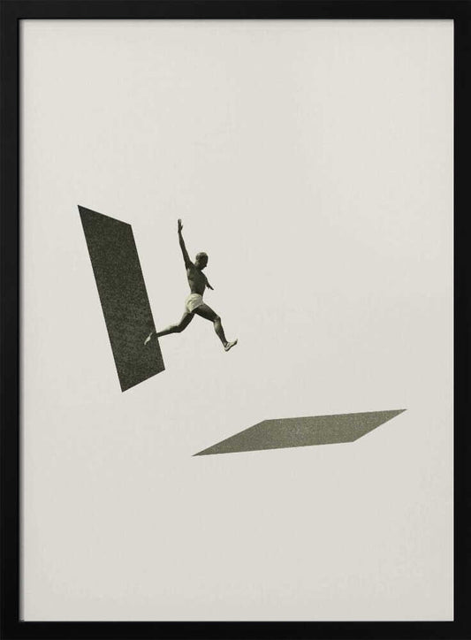 Vintage black and white collage of a person leaping between two geometric shapes.