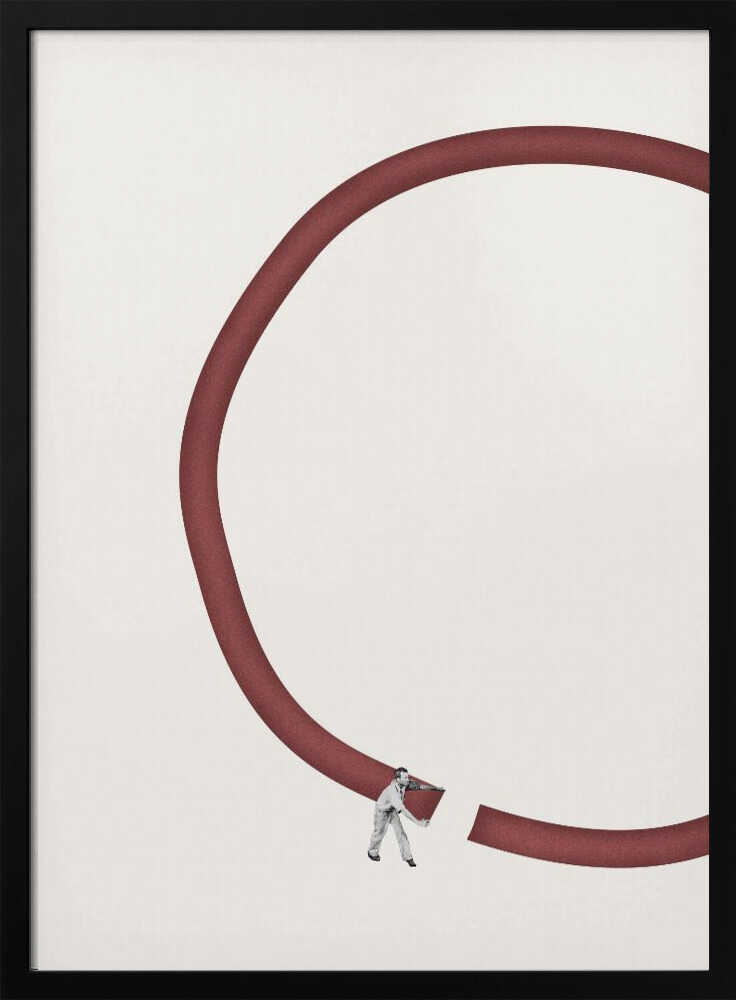 Minimalist collage of a tiny man breaking a large red circle against a cream background.