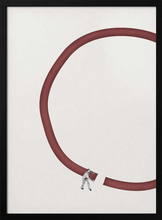 Minimalist collage of a tiny man breaking a large red circle against a cream background.