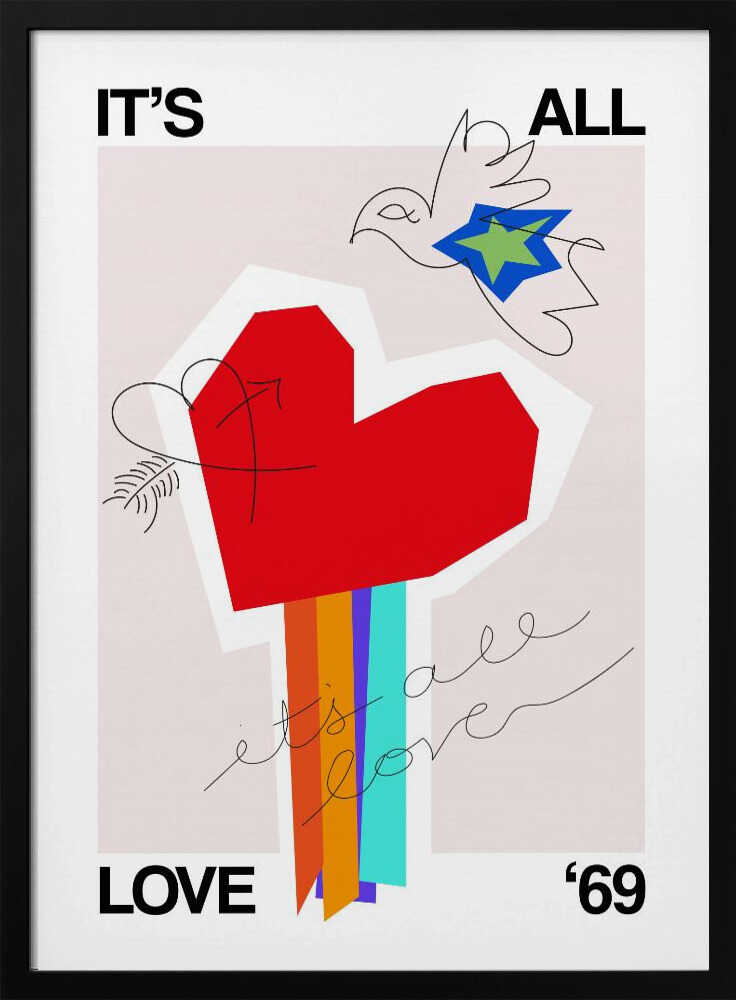 Greige art print with 'It's All Love '69' text and a heart design, ideal as a love poster.