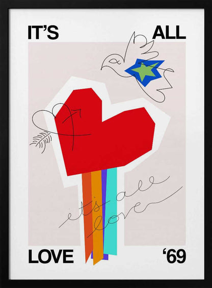 Greige art print with 'It's All Love '69' text and a heart design, ideal as a love poster.