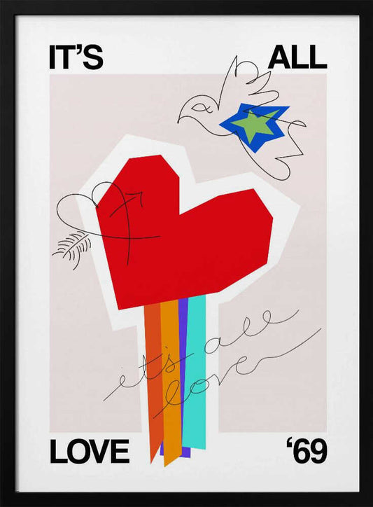 Greige art print with 'It's All Love '69' text and a heart design, ideal as a love poster.