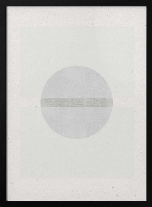 Minimalist geometric art featuring a grey circle crossed by a darker grey stripe on a textured off-white paper.