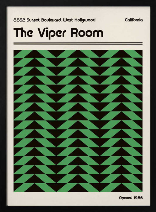 Vintage-style poster for The Viper Room in California, featuring a bold green and black geometric chevron pattern.