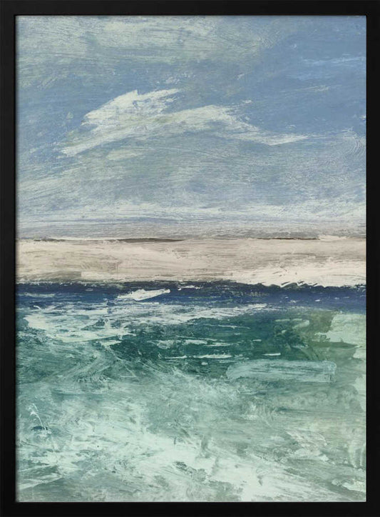 Abstract painting of an ocean scene with a sandy beach under a cloudy blue sky. Modern coastal wall art.