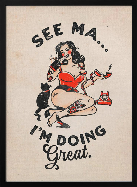 See Ma Poster Funny Vintage Pinup Girl &amp; Cat - Poster / Art Print