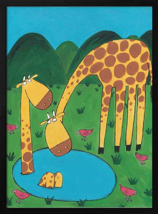 Mommy with Baby Giraffe in a Watering Hole by Artist Carla Daly - Poster / Art Print
