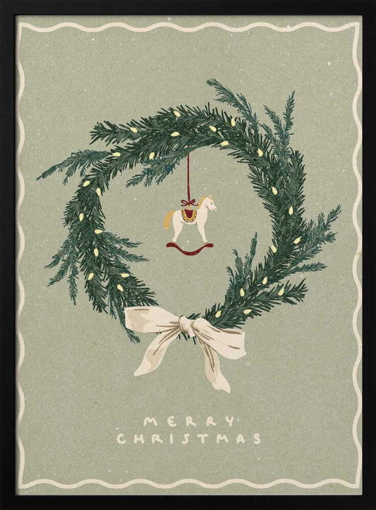 Vintage Christmas poster with an illustrated wreath, rocking horse ornament, and a cream bow on a sage green background.