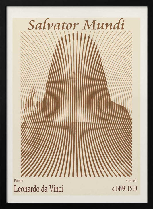 A minimalist poster of Leonardo da Vinci's 'Salvator Mundi', featuring an abstract representation of the figure created with curved brown lines on a cream background. The title is at the top, and the artist's name and creation dates are at the bottom. Decor