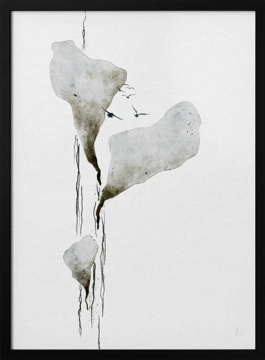 Abstract ink wash painting of floating grey islands with black drips and birds flying on a white background.