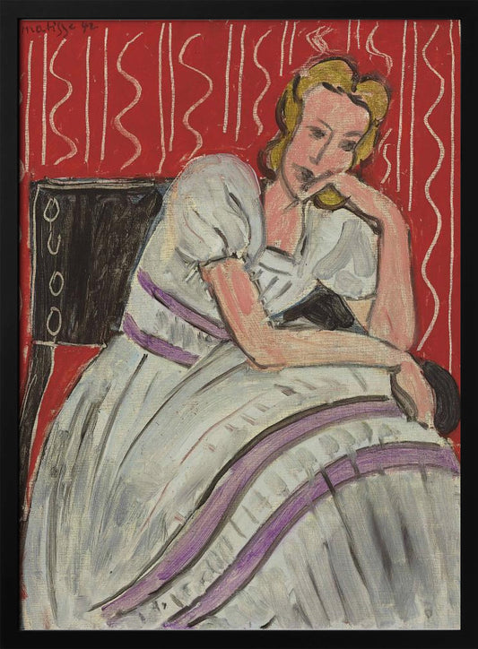 Jeune Femme Assise En Robe Grise - Poster / Art Print