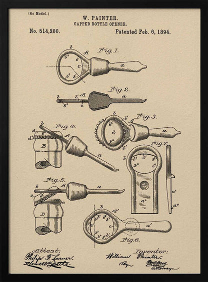 Capped Bottle Opener Patent 1894 - Poster / Art Print