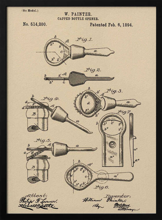 Capped Bottle Opener Patent 1894 - Poster / Art Print
