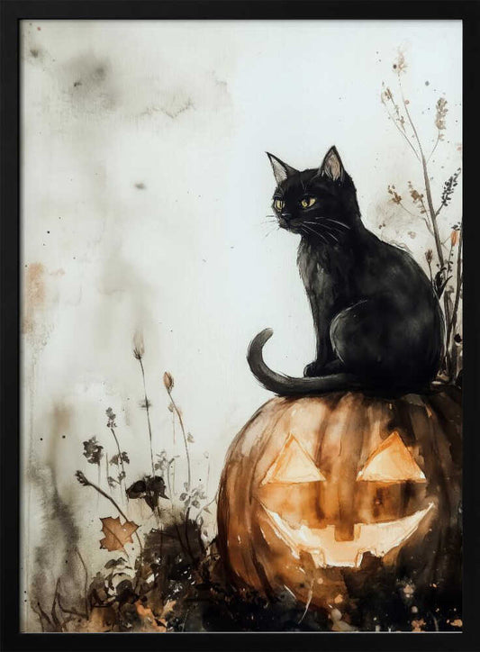 Black Cat and Pumpkin Halloween Scene (2) - Poster / Art Print