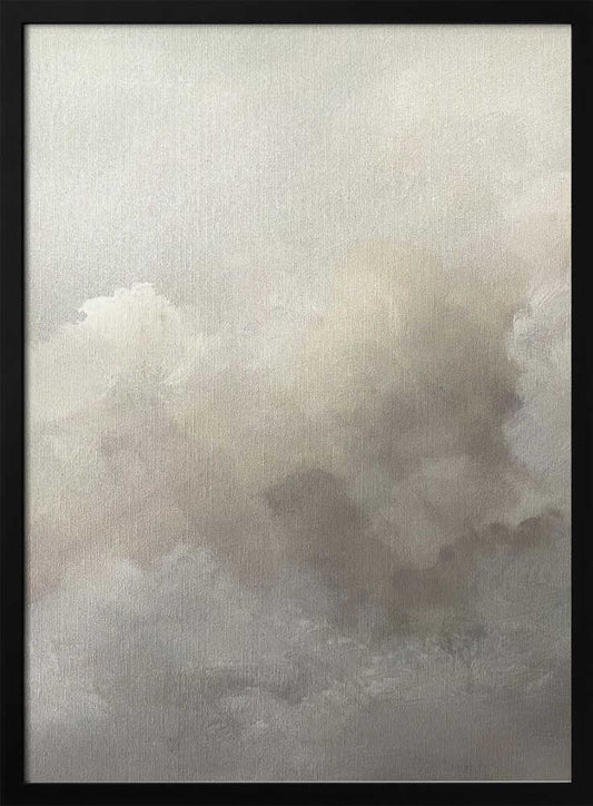 Abstract painting of moody, soft clouds in neutral beige and grey tones.
