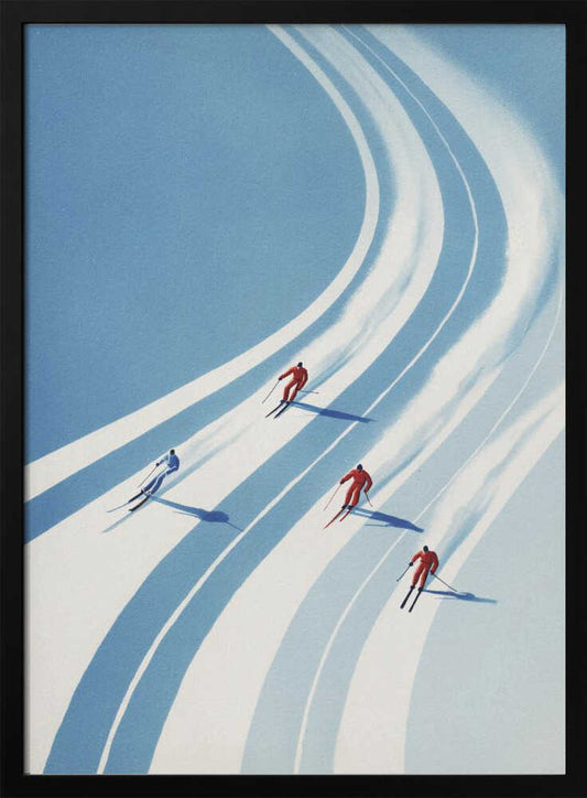 Vintage style poster of four skiers racing down a curving snowy mountain slope.