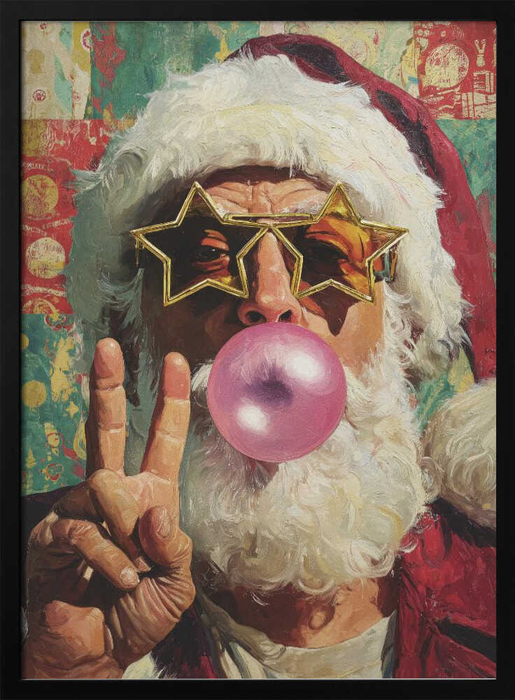 A close-up pop art style painting of Santa Claus wearing large, gold star-shaped sunglasses. He is blowing a big pink bubble with bubblegum and holding up his hand in a peace sign. The background is a colorful, patterned collage. Artwork
