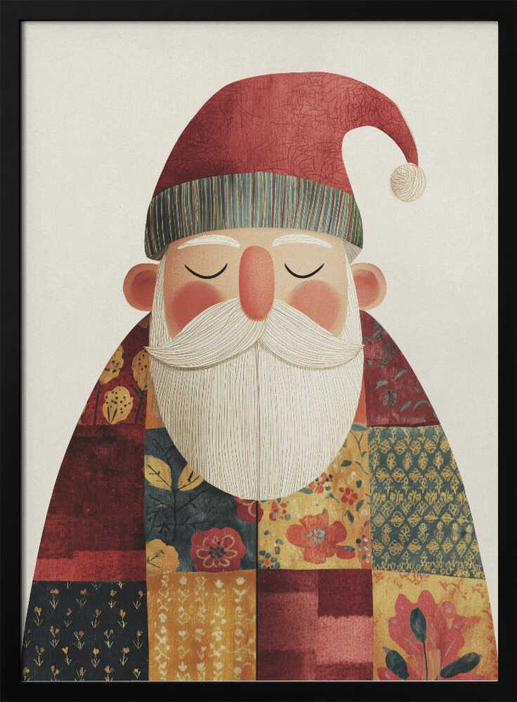 A stylized illustration of a serene Santa Claus with his eyes closed. He wears a textured red hat with a pom-pom and a colorful patchwork coat made of different floral and geometric patterns, all set against a light cream background. Print