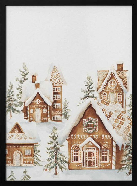 A watercolor painting of a whimsical gingerbread village covered in snow. The detailed houses are decorated with white icing and are surrounded by small pine trees, all set against a clean white background and framed in black. Poster