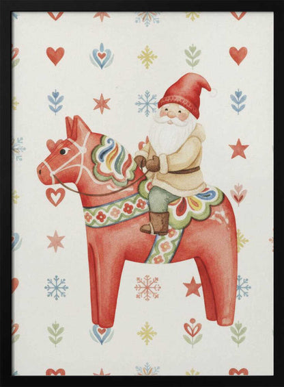 A Christmas illustration of Santa Claus riding a red Scandinavian Dala horse on a patterned background with snowflakes.