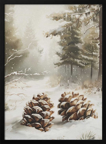 Painting of two large, snow-covered pinecones in a peaceful winter forest during a gentle snowfall.