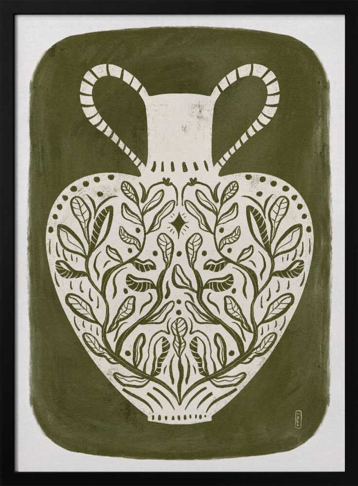 Olive green illustration of a Greek vase, perfect as an art print or poster.