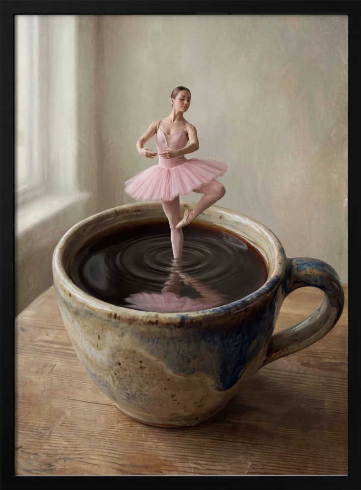 A small ballerina in a pink tutu dances gracefully in a large cup of black coffee.