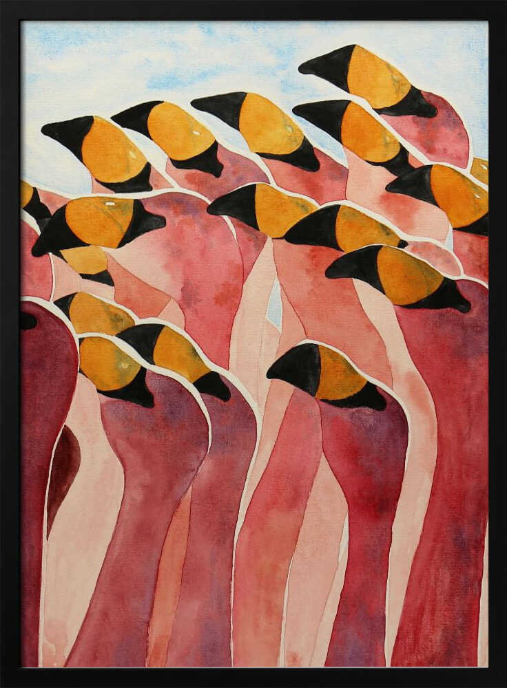 A stylized watercolor painting of a dense flock of pink flamingos huddled together.