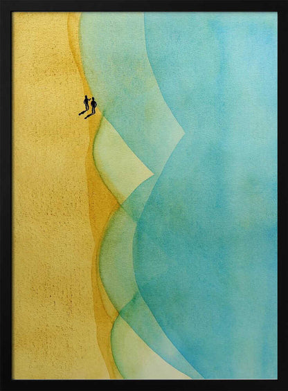 Abstract watercolor art of two figures on a golden beach with large, flowing blue ocean waves.