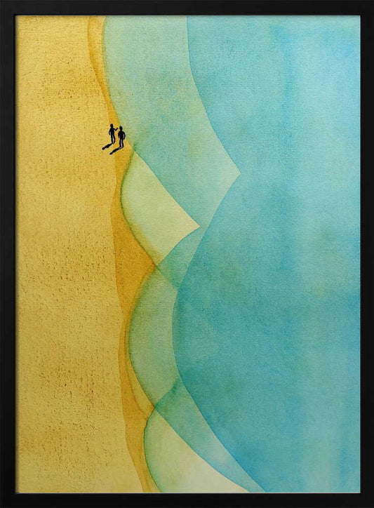 Abstract watercolor art of two figures on a golden beach with large, flowing blue ocean waves.