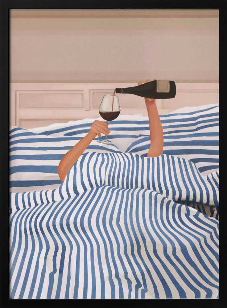 Arms emerging from a blue and white striped duvet to pour a glass of red wine in bed, an illustration.