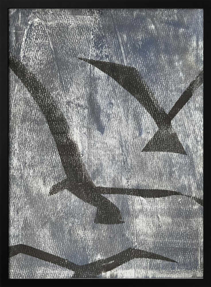 Abstract painting of black bird silhouettes flying against a textured silver background, framed wall art.