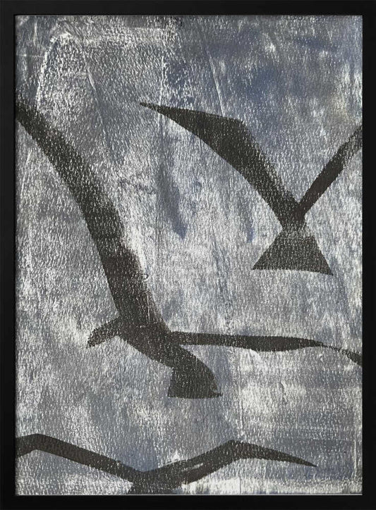 Abstract painting of black bird silhouettes flying against a textured silver background, framed wall art.