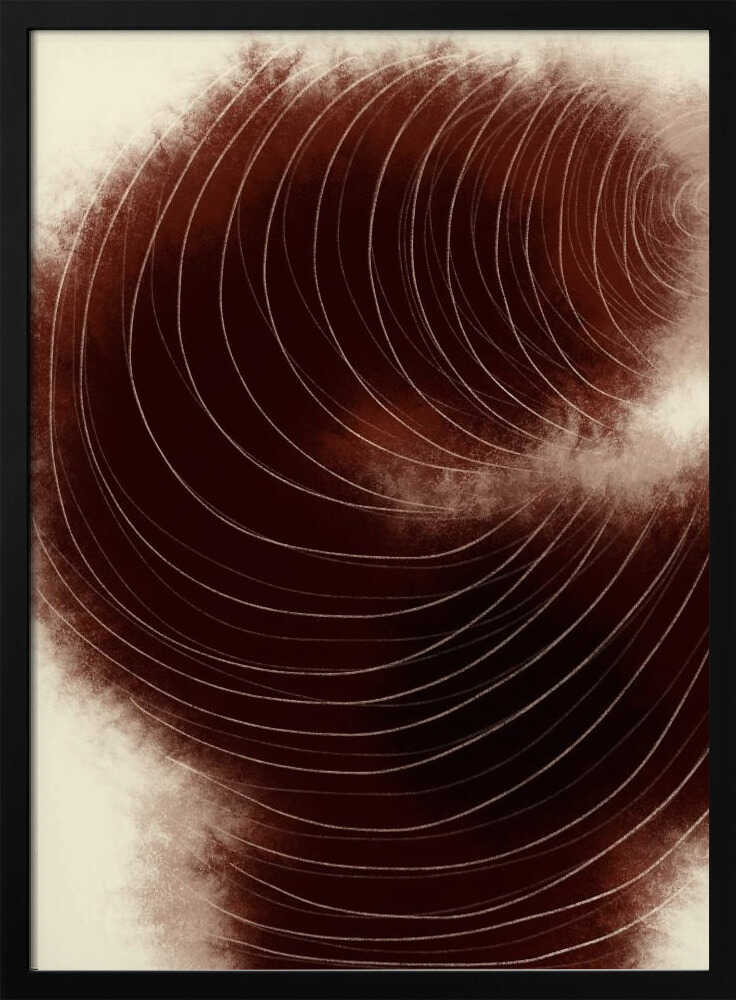Abstract vortex of fine white lines swirling on a deep, textured brown background.