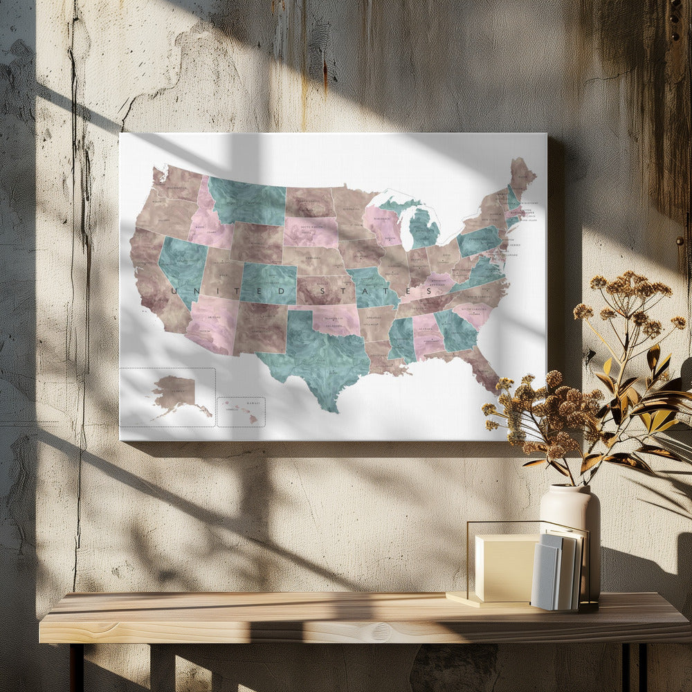 Pink and teal watercolor map of the US - Poster / Art Print