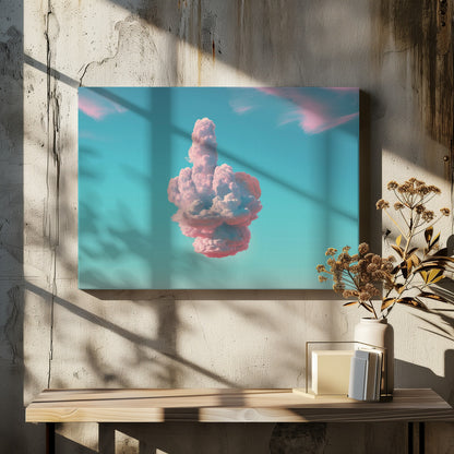 A surreal framed artwork featuring a large pink and white cloud in the shape of a hand giving the middle finger, set against a bright turquoise sky with faint wispy pink clouds. Wall Art