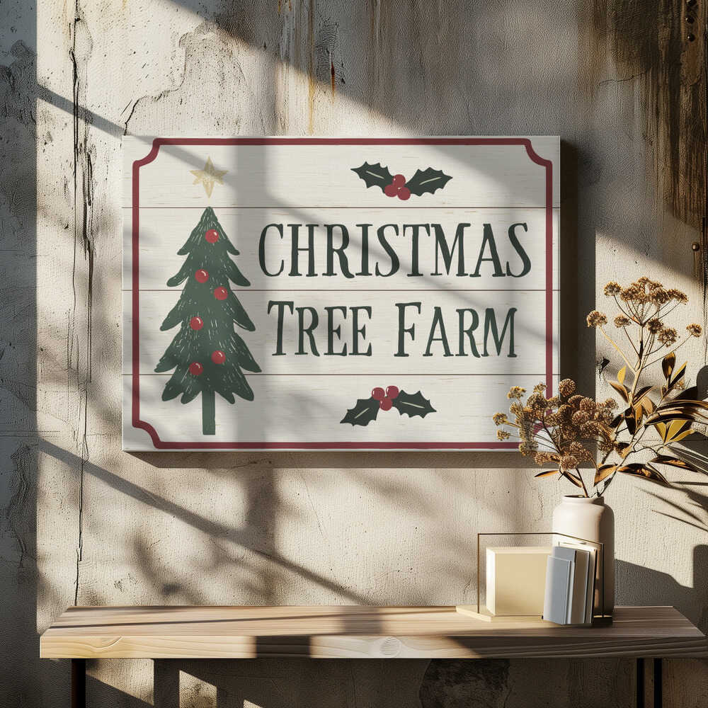 Vintage 'Christmas Tree Farm' sign with a decorated tree and holly. Rustic holiday wall art.