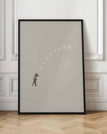 A man tosses the phases of the moon into the sky in a surreal, minimalist art piece.