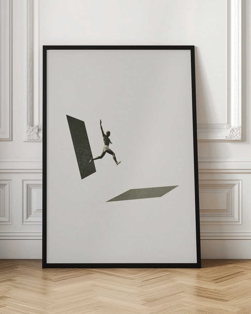 Vintage black and white collage of a person leaping between two geometric shapes.