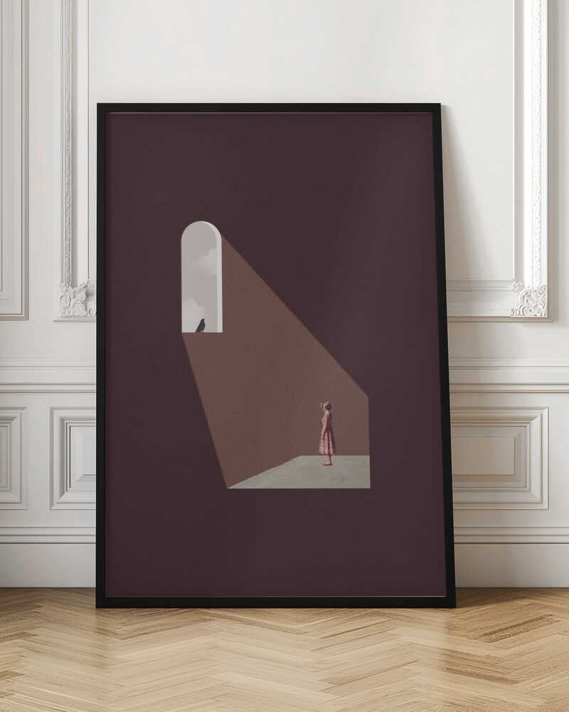 Minimalist art of a woman in a dark room, standing in a beam of light from an arched window with a bird.