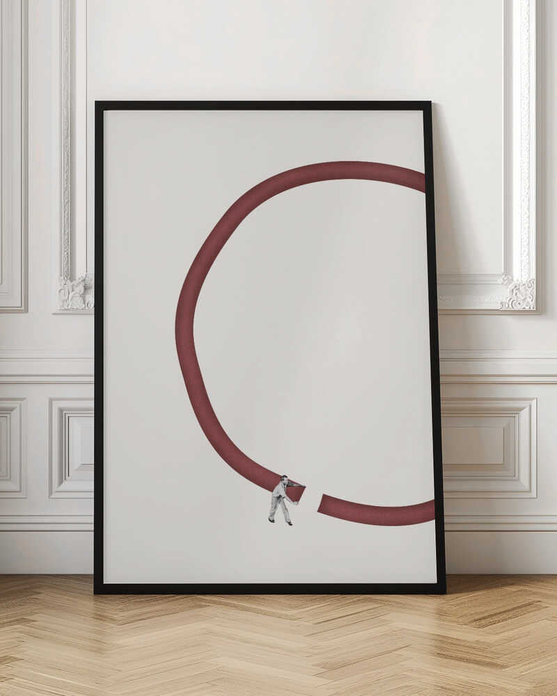 Minimalist collage of a tiny man breaking a large red circle against a cream background.