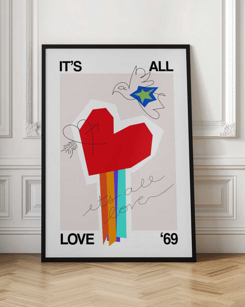 Greige art print with 'It's All Love '69' text and a heart design, ideal as a love poster.
