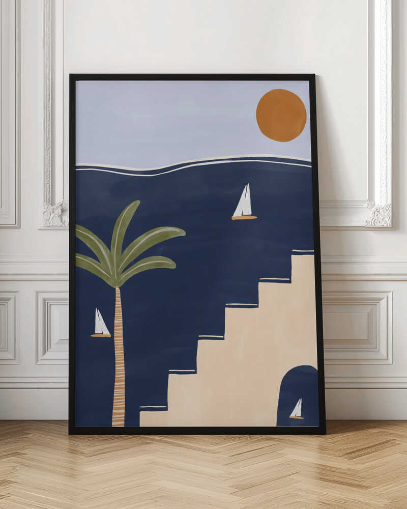 Abstract coastal art with sailboats on a dark blue sea, a palm tree, and beige stairs under a warm sun.