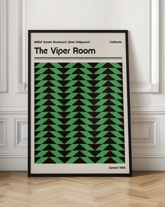 Vintage-style poster for The Viper Room in California, featuring a bold green and black geometric chevron pattern.