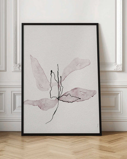 Minimalist ink and watercolor illustration of a delicate purple flower on a white background. Abstract botanical art.