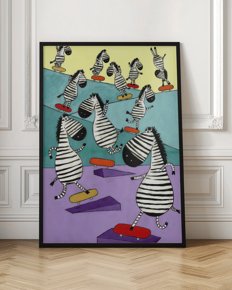 Hilarious Zebras in the Skatepark by Artist Carla Daly - Poster / Art Print