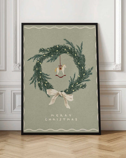 Vintage Christmas poster with an illustrated wreath, rocking horse ornament, and a cream bow on a sage green background.