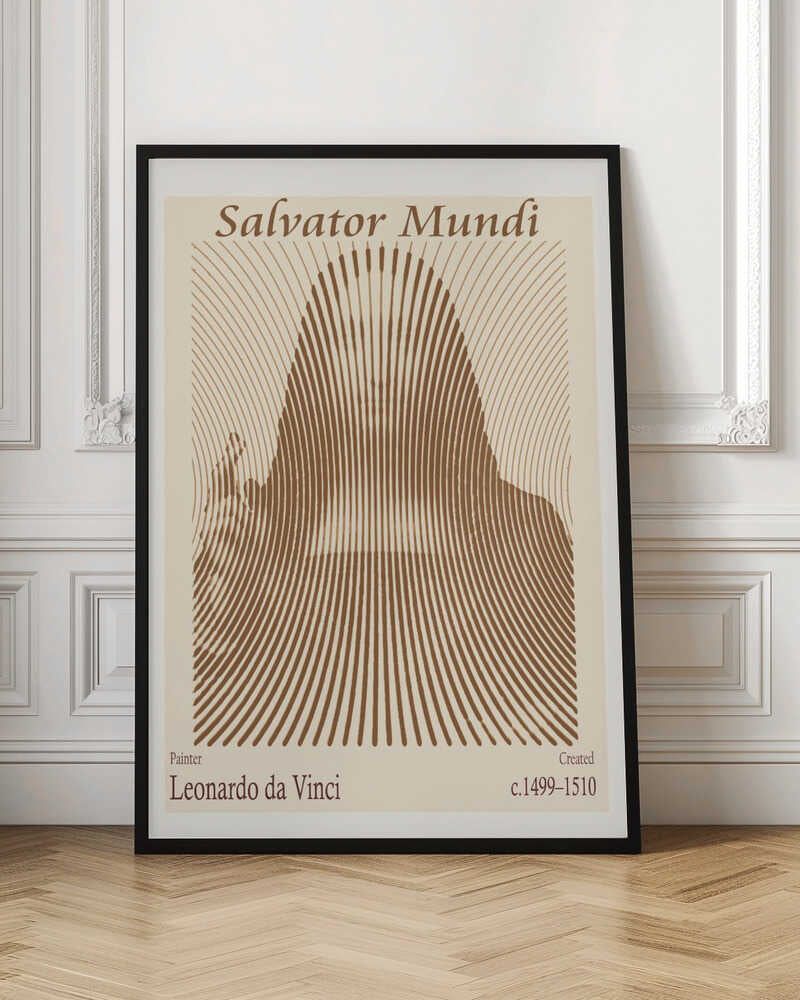 A minimalist poster of Leonardo da Vinci's 'Salvator Mundi', featuring an abstract representation of the figure created with curved brown lines on a cream background. The title is at the top, and the artist's name and creation dates are at the bottom. Decor