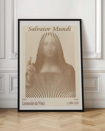 A minimalist poster of Leonardo da Vinci's 'Salvator Mundi', featuring an abstract representation of the figure created with curved brown lines on a cream background. The title is at the top, and the artist's name and creation dates are at the bottom. Decor